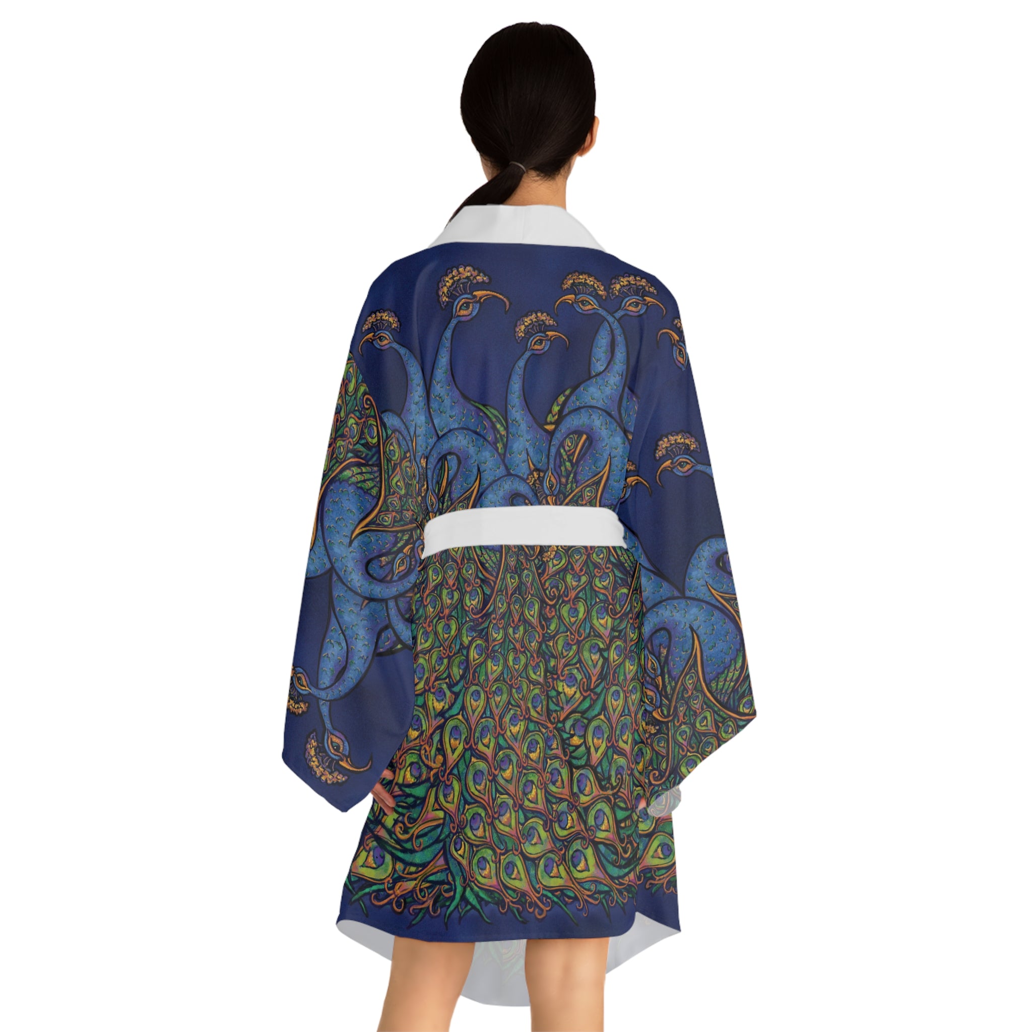 Peacock Art Kimono Robe — Vibrant Blue & Green All-Over-Print