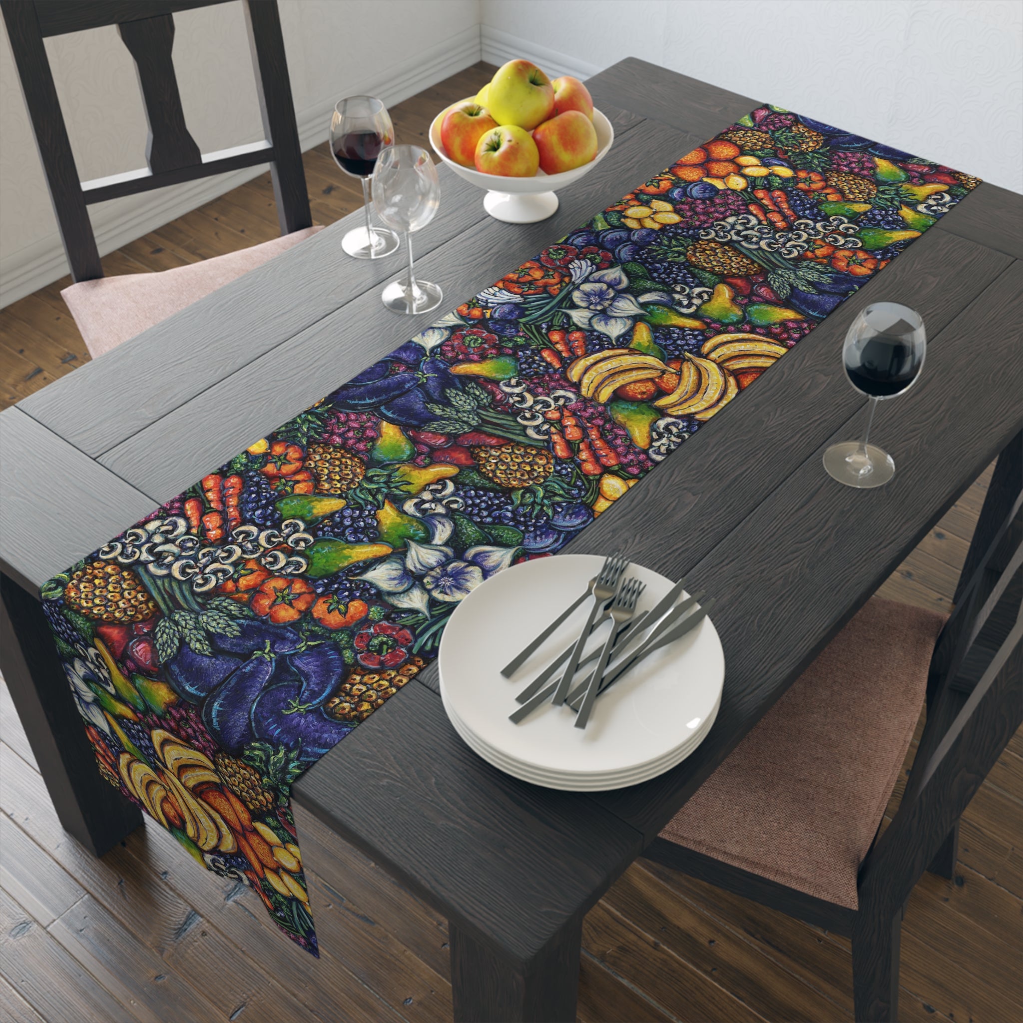 Fruit Harvest Table Runner — Colorful Botanical Cotton-Poly Table Decor