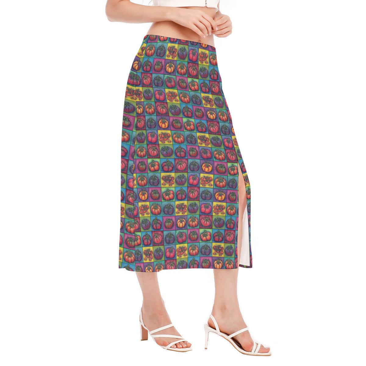 Tomatoes in Colorful Squares Print Women's High Slit Long Skirt