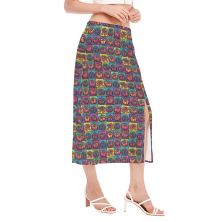 Tomatoes in Colorful Squares Print Women's High Slit Long Skirt