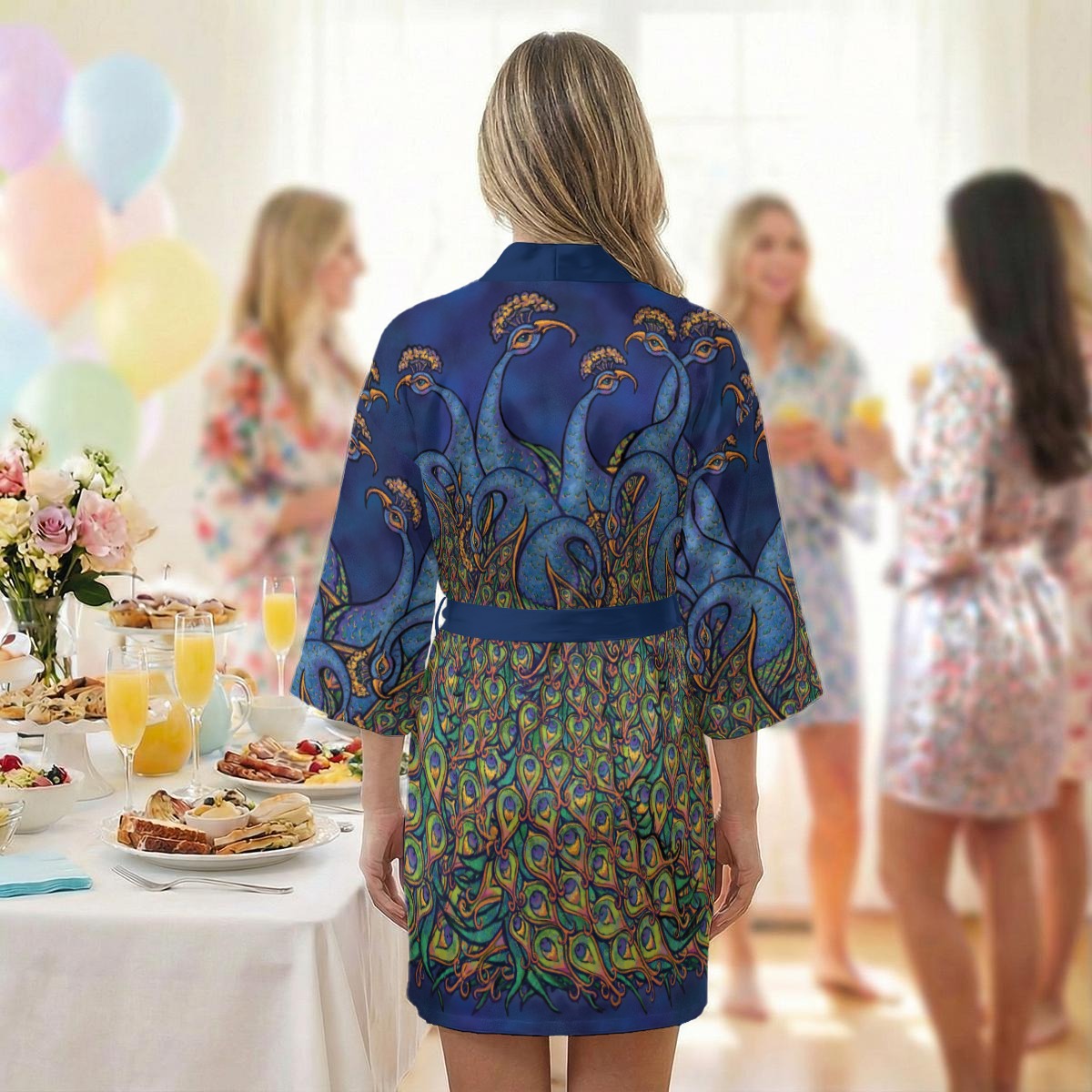Peacock Love Print Women's Satin Wedding Robe