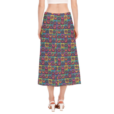Tomatoes in Colorful Squares Print Women's High Slit Long Skirt