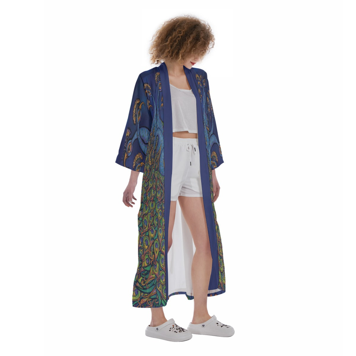 Peacock Love Women's Satin Kimono Long Robe