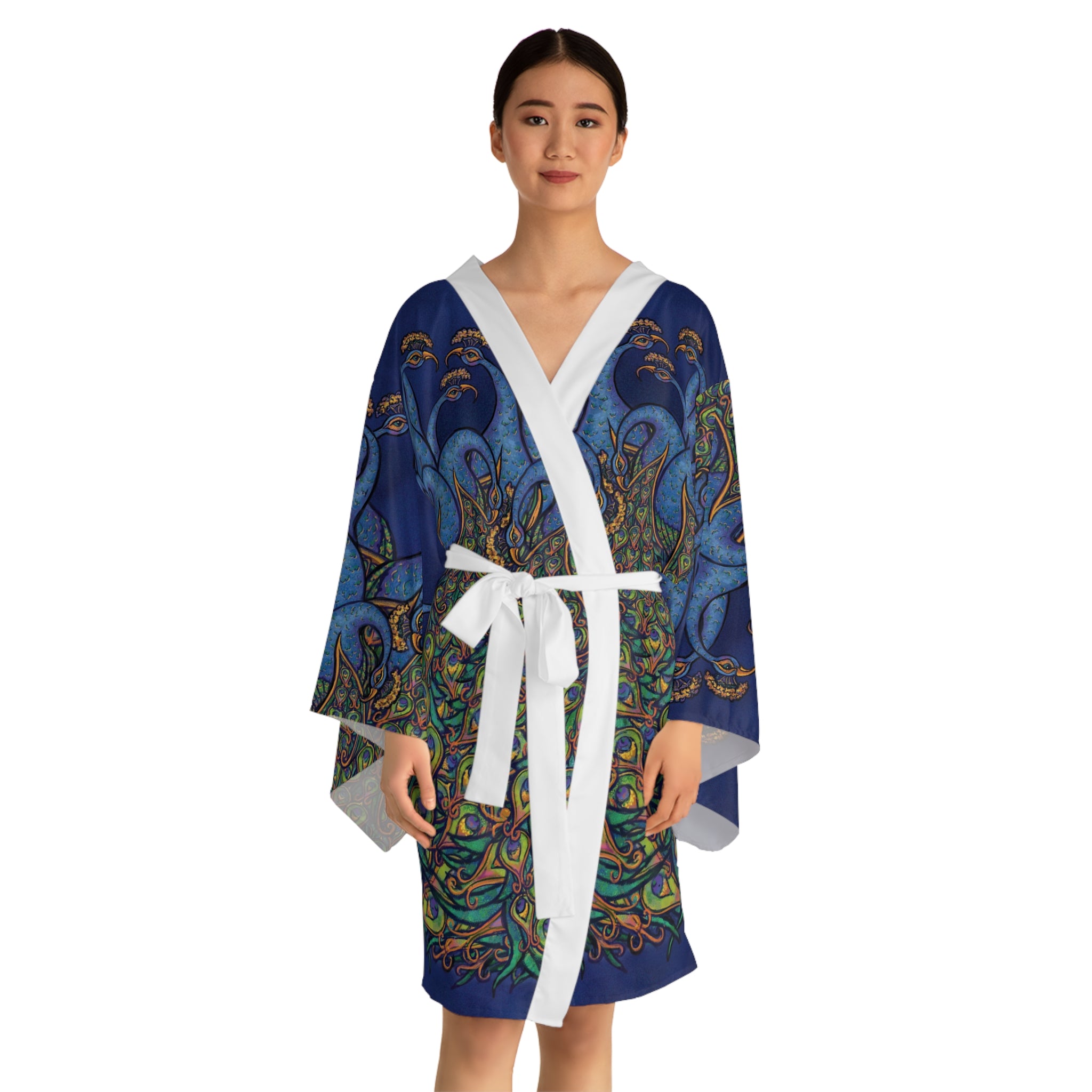 Peacock Art Kimono Robe — Vibrant Blue & Green All-Over-Print