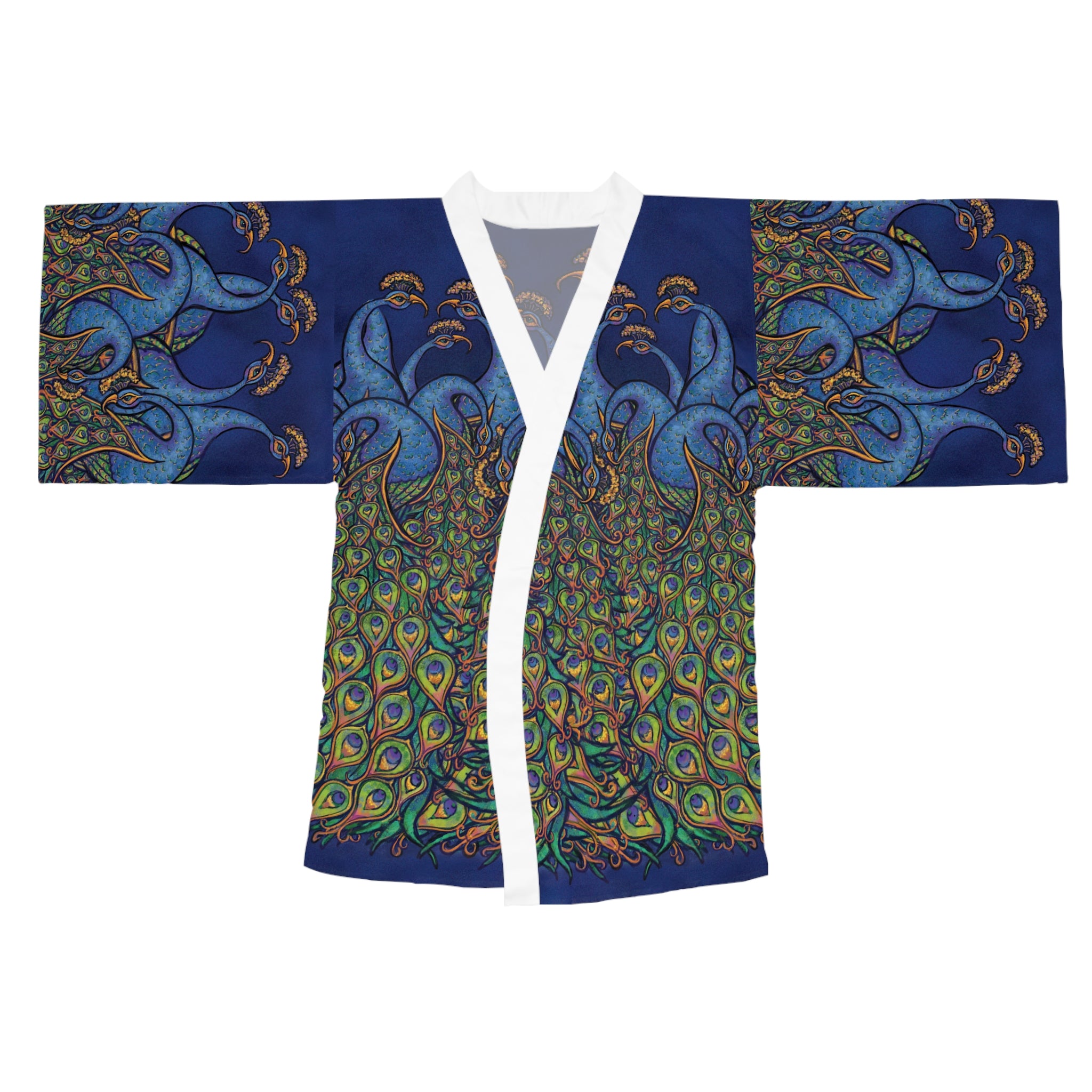 Peacock Art Kimono Robe — Vibrant Blue & Green All-Over-Print
