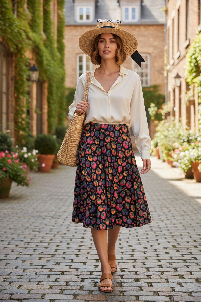 Woman walking in Heirloom Tomato Love Midi Skirt with Pockets