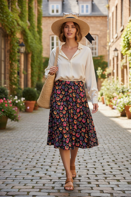 Woman walking in Heirloom Tomato Love Midi Skirt with Pockets