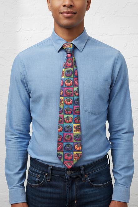 Person wearing Tomato Squared Tie - full length