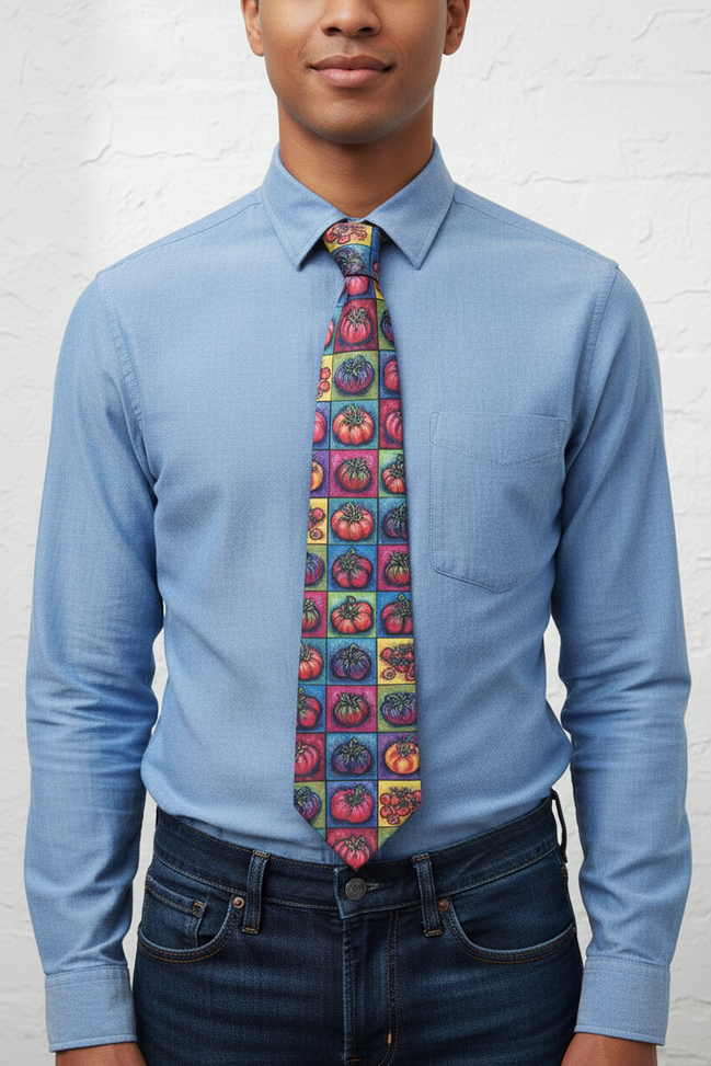 Person wearing Tomato Squared Tie - full length