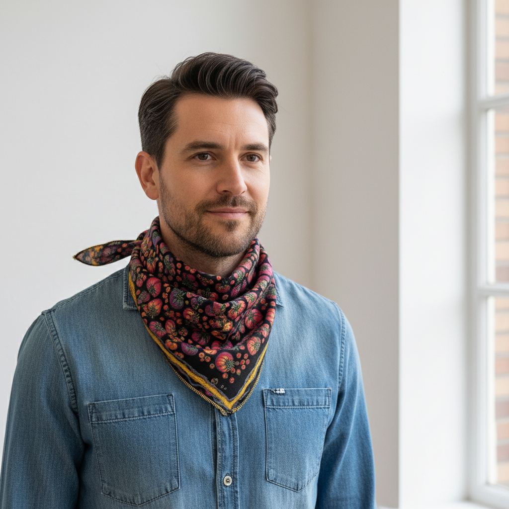 Man wearing Heirloom Tomato Love Bandanna around neck