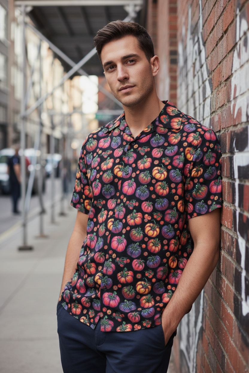 Young man wearing Heirloom Tomatoes Men's Revere Shirt