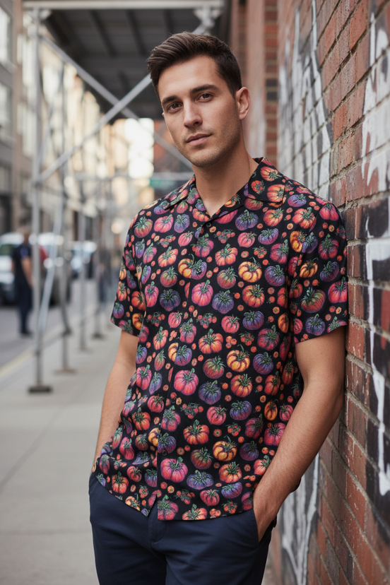 Young man wearing Heirloom Tomatoes Men's Revere Shirt