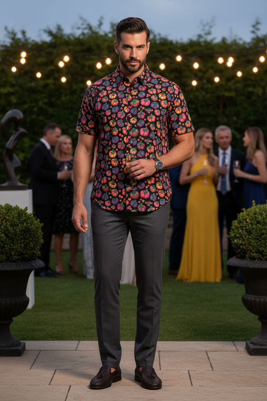 Man wearing Heirloom Tomatoes Premium Men's Short Sleeve Shirt