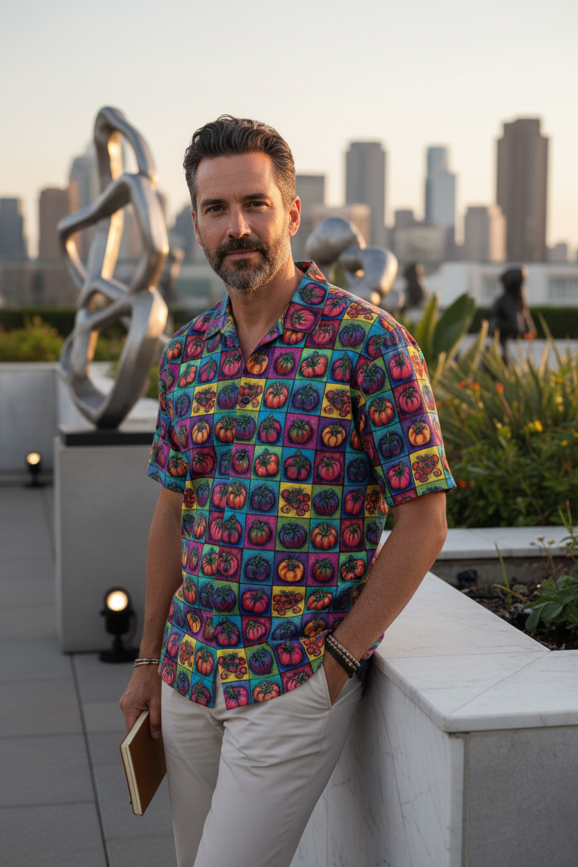 Man wearing Tomato Squared Premium Men's Short Sleeve Shirt