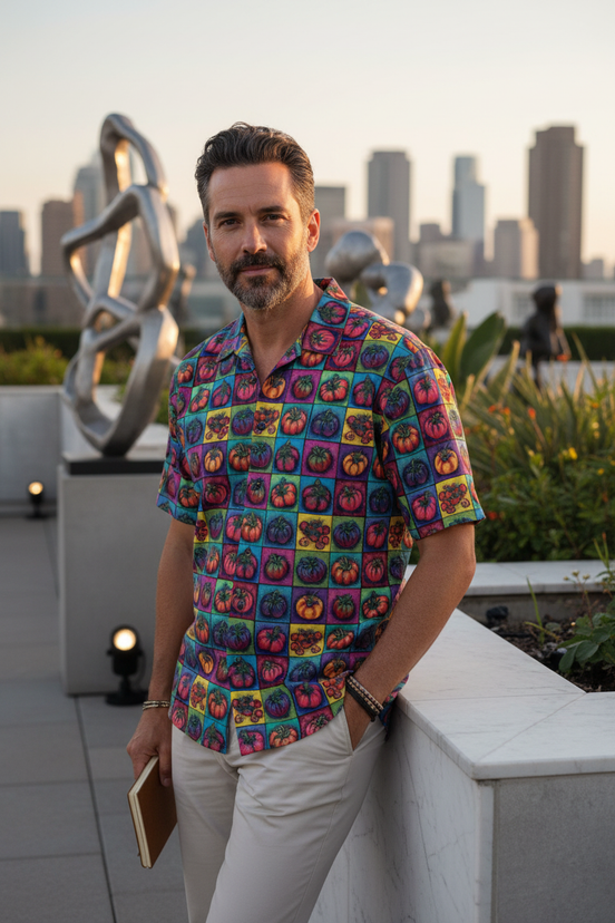 Man wearing Tomato Squared Premium Men's Short Sleeve Shirt